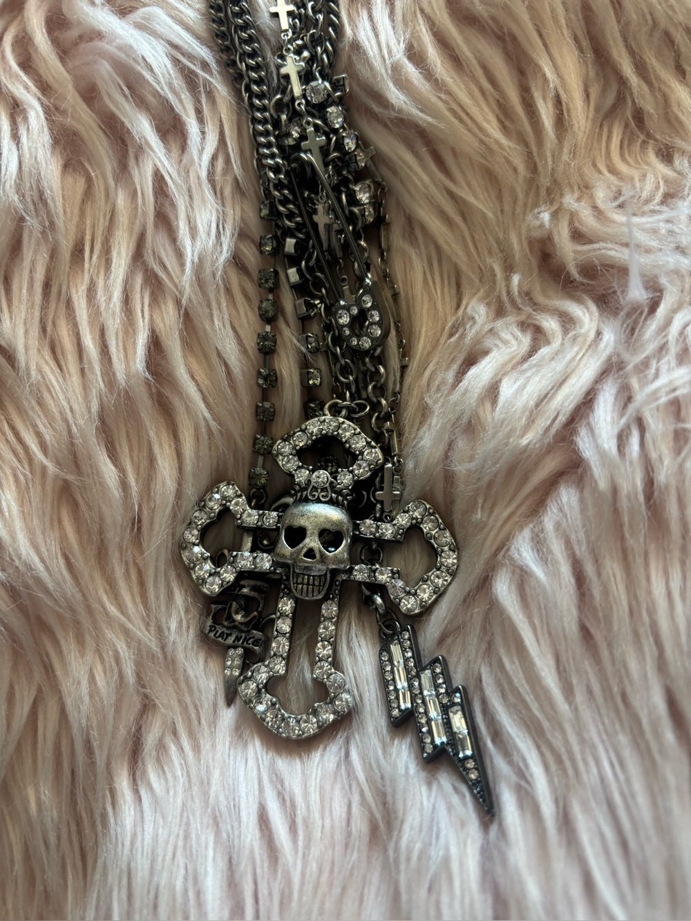 Rhinestone Skull Cross Pendant Necklace - Black Silver